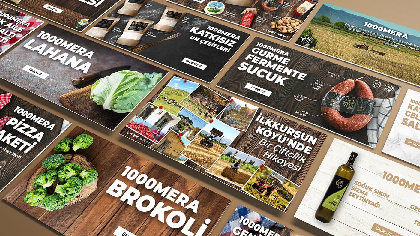Ahşap zeminli ürün banner'ları ve köyü anlatan banner
